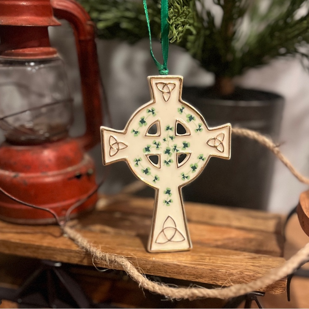 Celtic Cross Holiday Ornament - Cream and Green